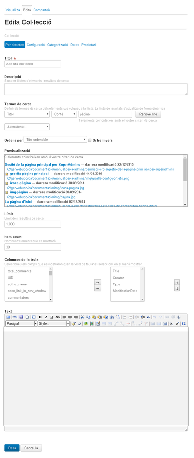 Formulari edició col·leccions